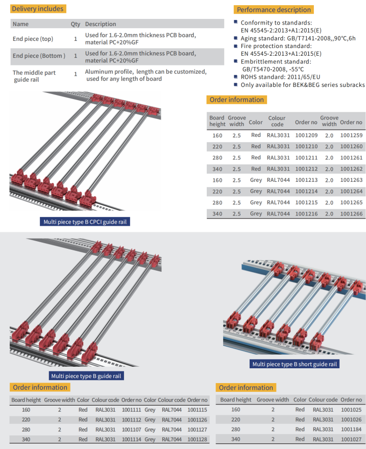  Multi-piece plastic guide rail for 1.6–2.0mm PCBs with red, green, and yellow color-coded slots.